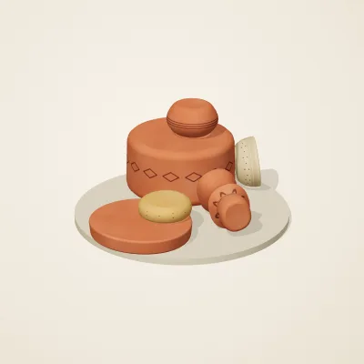 The six parts of Indian Terracotta No. 32 in a loose pile on a round stand