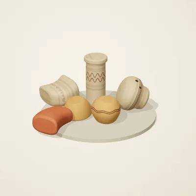 The six parts of Indian Terracotta No. 33 in a loose pile on a round stand