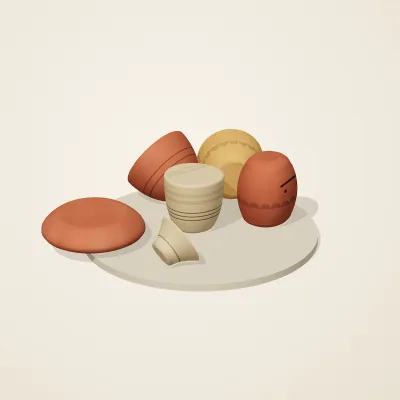 The six parts of Indian Terracotta No. 34 in a loose pile on a round stand