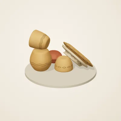 The six parts of Indian Terracotta No. 35 in a loose pile on a round stand
