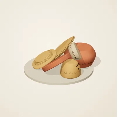 The six parts of Indian Terracotta No. 36 in a loose pile on a round stand