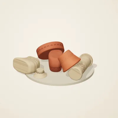 The six parts of Indian Terracotta No. 39 in a loose pile on a round stand