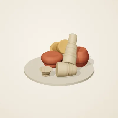 The six parts of Indian Terracotta No. 40 in a loose pile on a round stand