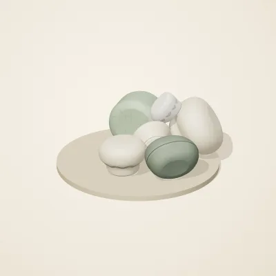 The six parts of Thai Celadon No. 2 in a loose pile on a round stand