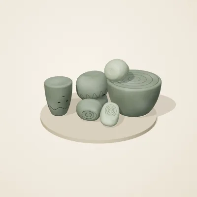 The six parts of Thai Celadon No. 4 in a loose pile on a round stand