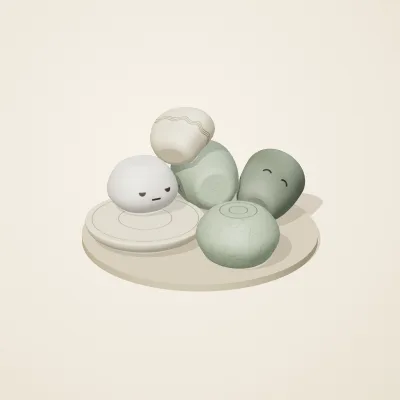 The six parts of Thai Celadon No. 5 in a loose pile on a round stand
