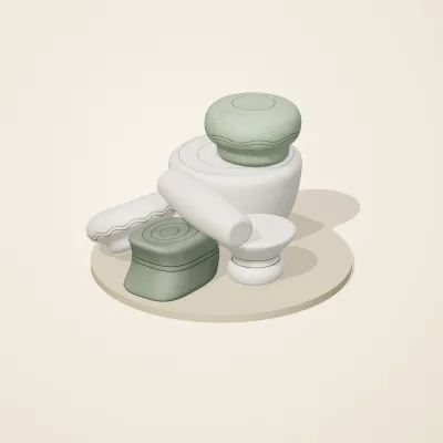 The six parts of Thai Celadon No. 6 in a loose pile on a round stand