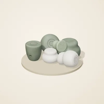 The six parts of Thai Celadon No. 7 in a loose pile on a round stand