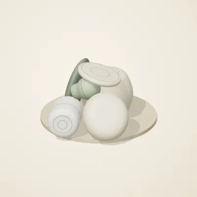 The six parts of Thai Celadon No. 10 in a loose pile on a round stand