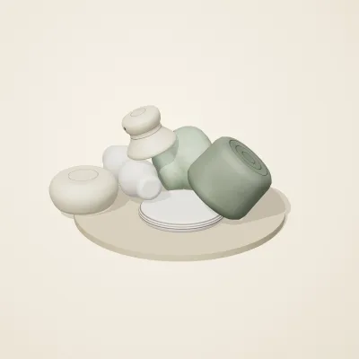 The six parts of Thai Celadon No. 11 in a loose pile on a round stand