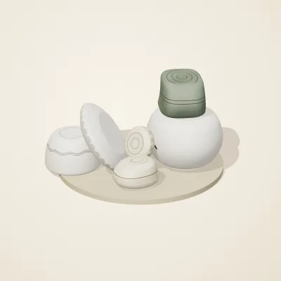 The six parts of Thai Celadon No. 13 in a loose pile on a round stand
