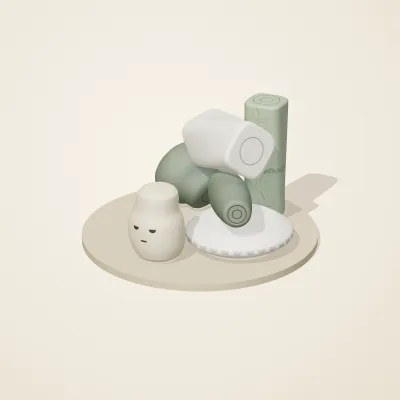 The six parts of Thai Celadon No. 14 in a loose pile on a round stand