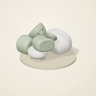 The six parts of Thai Celadon No. 17 in a loose pile on a round stand
