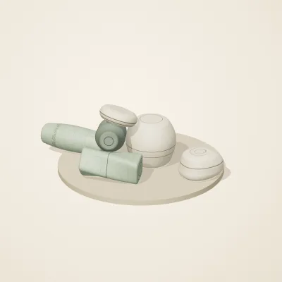 The six parts of Thai Celadon No. 18 in a loose pile on a round stand