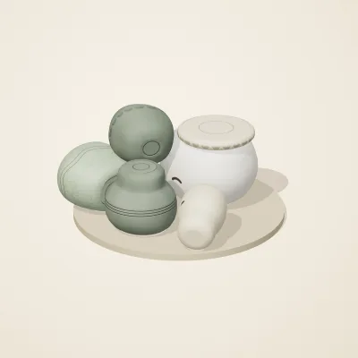 The six parts of Thai Celadon No. 19 in a loose pile on a round stand