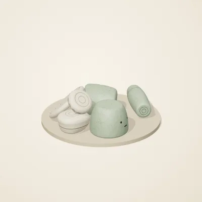 The six parts of Thai Celadon No. 20 in a loose pile on a round stand