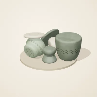 The six parts of Thai Celadon No. 21 in a loose pile on a round stand