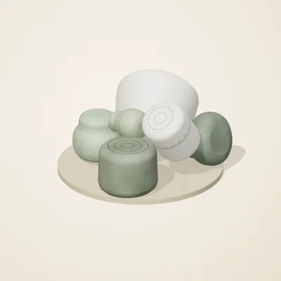 The six parts of Thai Celadon No. 22 in a loose pile on a round stand