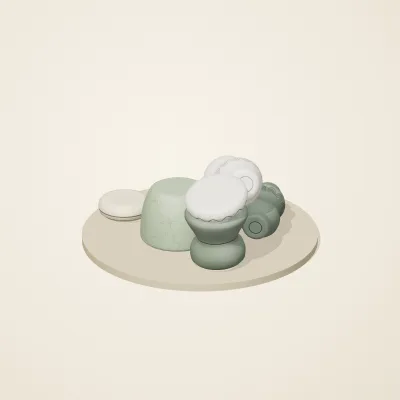 The six parts of Thai Celadon No. 23 in a loose pile on a round stand