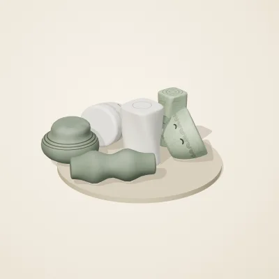 The six parts of Thai Celadon No. 24 in a loose pile on a round stand