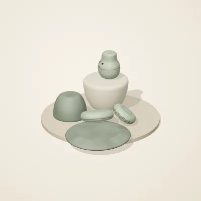 The six parts of Thai Celadon No. 25 in a loose pile on a round stand