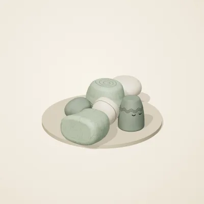 The six parts of Thai Celadon No. 30 in a loose pile on a round stand
