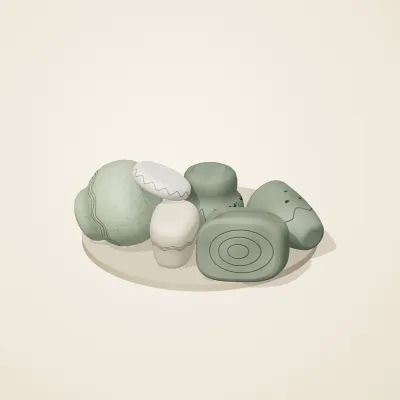 The six parts of Thai Celadon No. 32 in a loose pile on a round stand