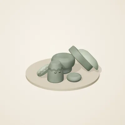 The six parts of Thai Celadon No. 33 in a loose pile on a round stand