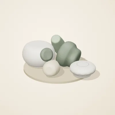 The six parts of Thai Celadon No. 34 in a loose pile on a round stand
