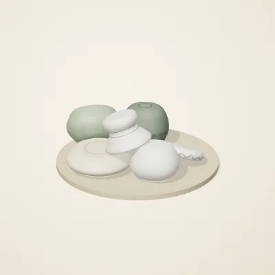The six parts of Thai Celadon No. 35 in a loose pile on a round stand