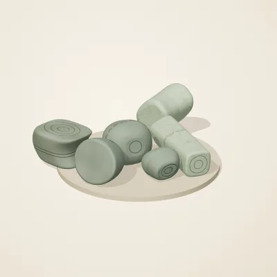The six parts of Thai Celadon No. 37 in a loose pile on a round stand