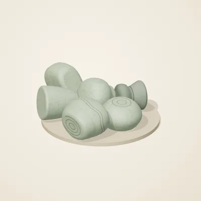 The six parts of Thai Celadon No. 40 in a loose pile on a round stand