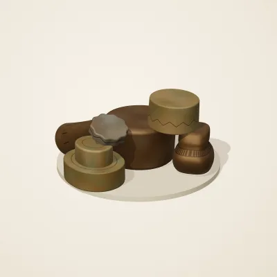 The six parts of Vietnamese Đông Sơn No. 20 in a loose pile on a round stand