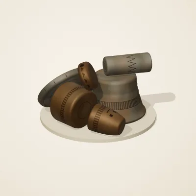The six parts of Vietnamese Đông Sơn No. 28 in a loose pile on a round stand