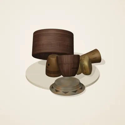 The six parts of Vietnamese Đông Sơn No. 33 in a loose pile on a round stand