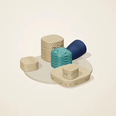 The six parts of Persian Geometry No. 5 in a loose pile on a round stand