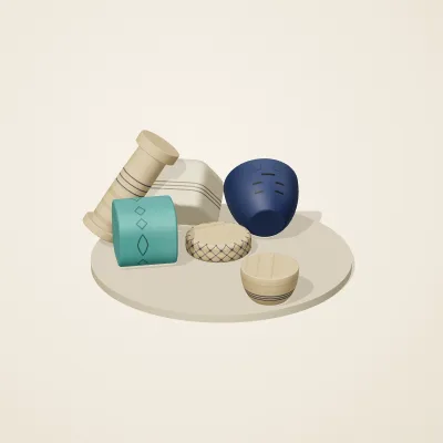 The six parts of Persian Geometry No. 40 in a loose pile on a round stand