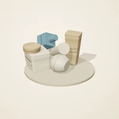 The six parts of Ancient Egyptian No. 5 in a loose pile on a round stand