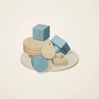 The six parts of Ancient Egyptian No. 8 in a loose pile on a round stand