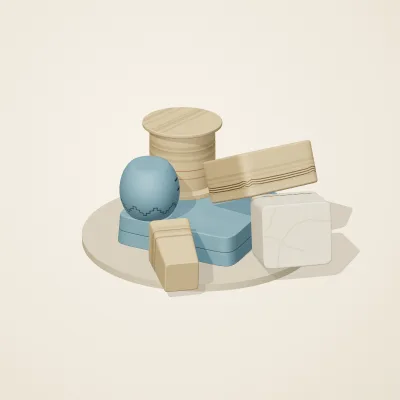The six parts of Ancient Egyptian No. 10 in a loose pile on a round stand