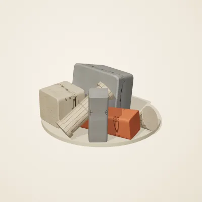 The six parts of Maya Limestone No. 8 in a loose pile on a round stand