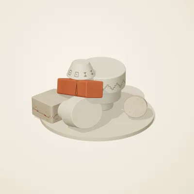 The six parts of Maya Limestone No. 14 in a loose pile on a round stand