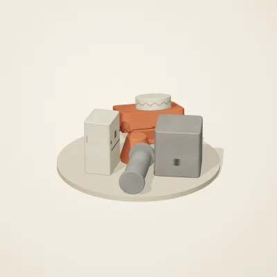 The six parts of Maya Limestone No. 17 in a loose pile on a round stand
