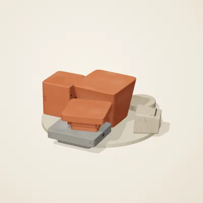 The six parts of Maya Limestone No. 18 in a loose pile on a round stand