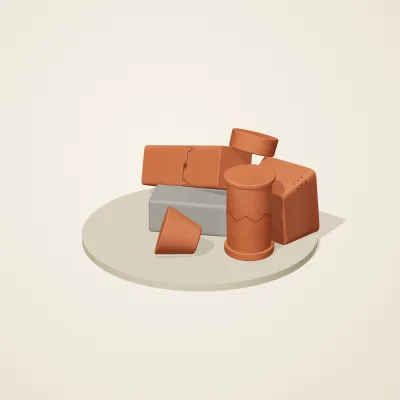 The six parts of Maya Limestone No. 23 in a loose pile on a round stand