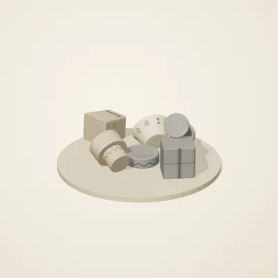 The six parts of Maya Limestone No. 24 in a loose pile on a round stand