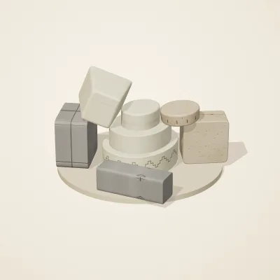 The six parts of Maya Limestone No. 32 in a loose pile on a round stand