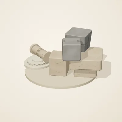 The six parts of Maya Limestone No. 40 in a loose pile on a round stand
