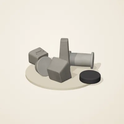 The six parts of Inca Masonry No. 1 in a loose pile on a round stand