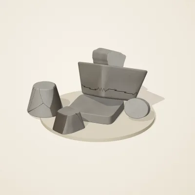 The six parts of Inca Masonry No. 7 in a loose pile on a round stand